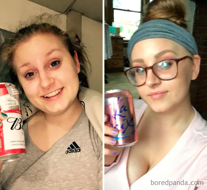 Before and after of woman showing changes after quitting drinking, holding a can in each image.