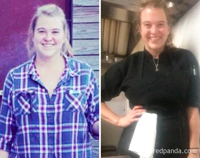 Before and after photos showing transformation after quitting drinking, featuring a woman in casual and chef attire.