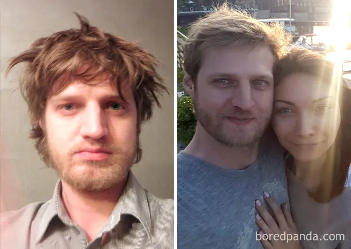 Before and after photos showing transformation when you stop drinking, with a man looking healthier and happier.