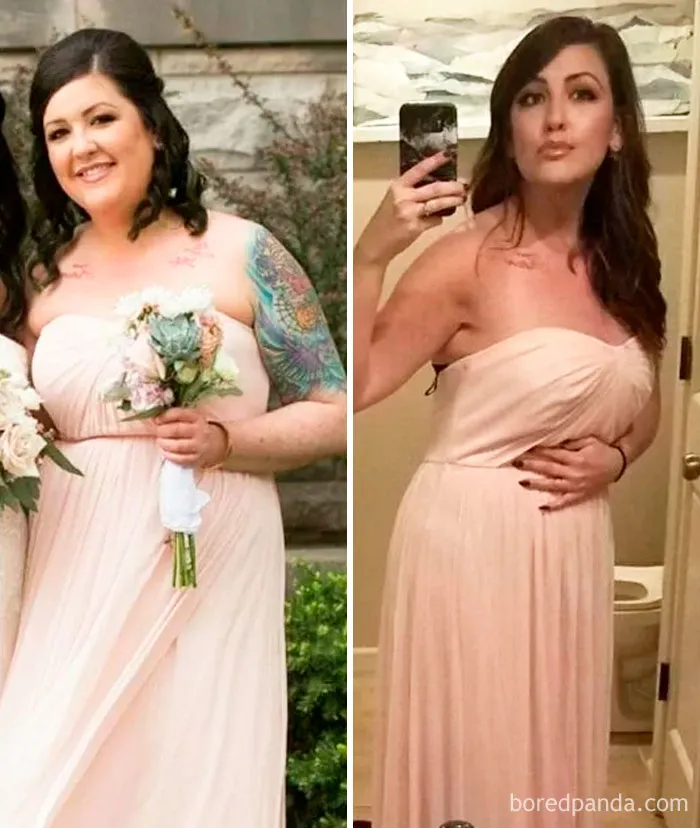 Before and after photos showing changes when you stop drinking, wearing a pink dress with flowers.