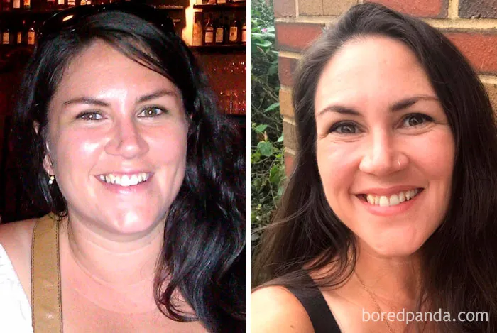 Before and after stopping drinking, showing a woman's transformation with improved complexion and a brighter smile.