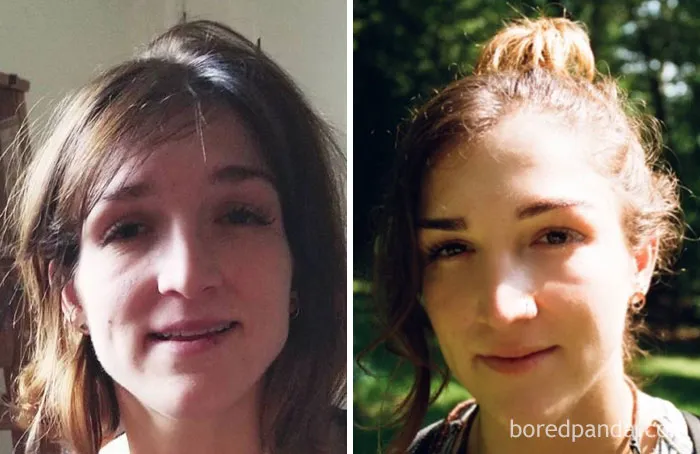 Before and after comparison of a woman's face showing changes when you stop drinking alcohol.