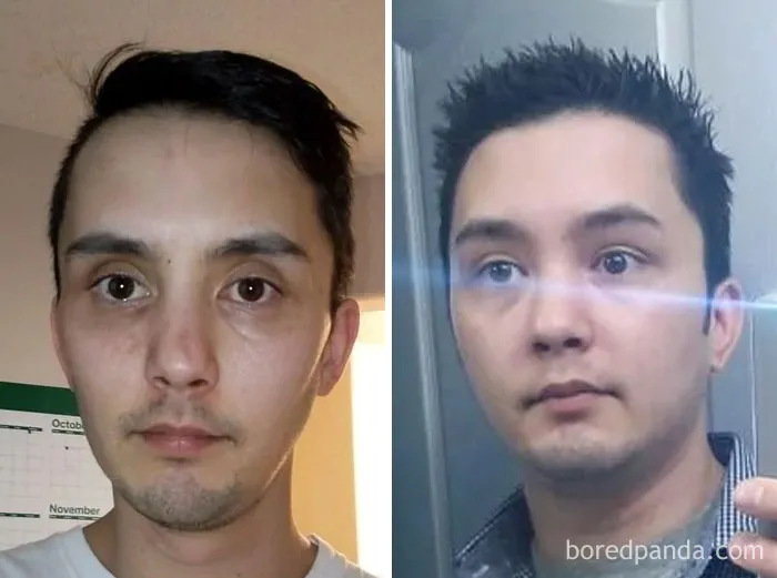 Before and after quitting drinking, showing transformation in health and appearance.