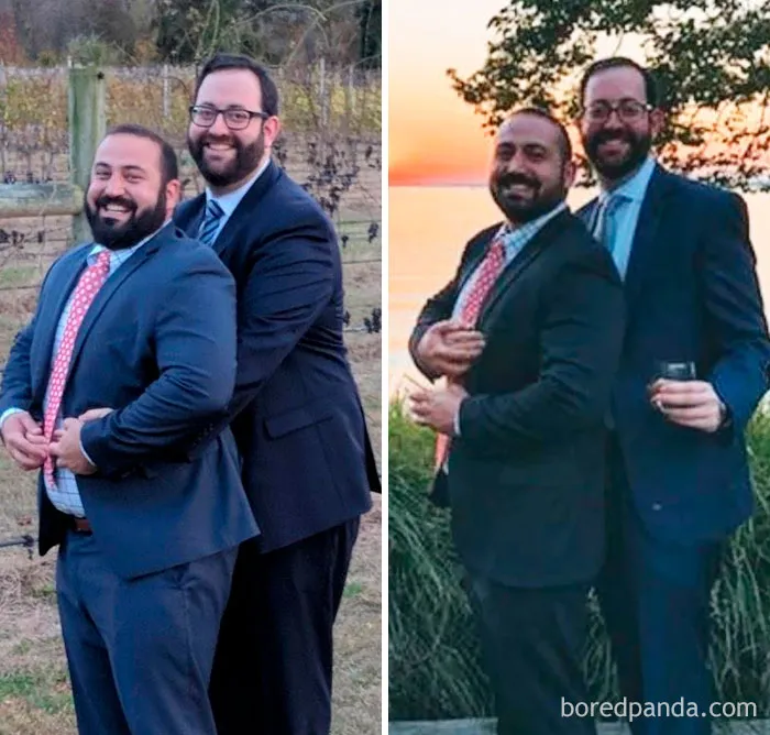 Lost 70 Lbs In 9 Months. Friend And I Decided That The Time Was Right To Get Serious, Him For His Newborn Daughter, Me For My Dating Life. Still Decided To Prom-Pic At Our Friends' Weddings, 1 Year Apart