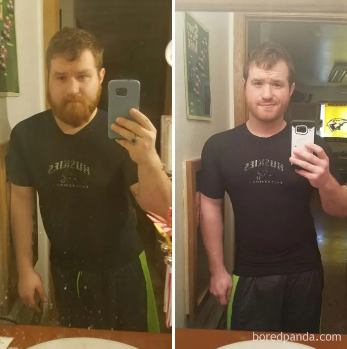 Before and after images showing the effects of quitting drinking, featuring a man in a black shirt in a mirror selfie.