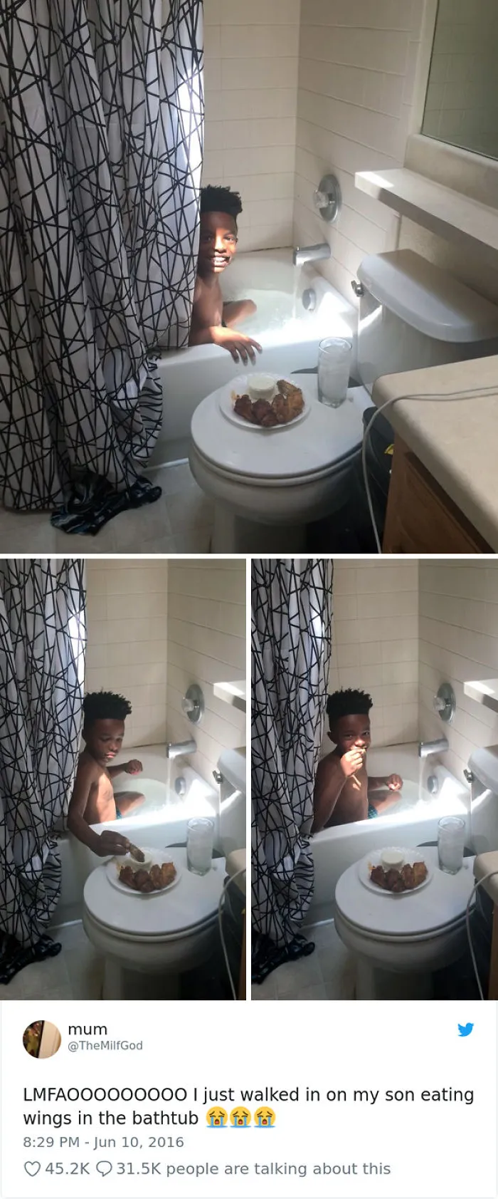 Comiendo alitas de pollo en la bañera