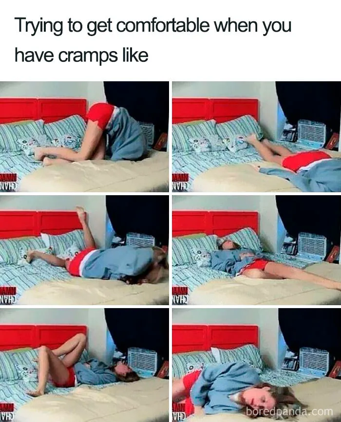 Woman trying to find a comfortable position on bed during period cramps, a relatable meme scene.