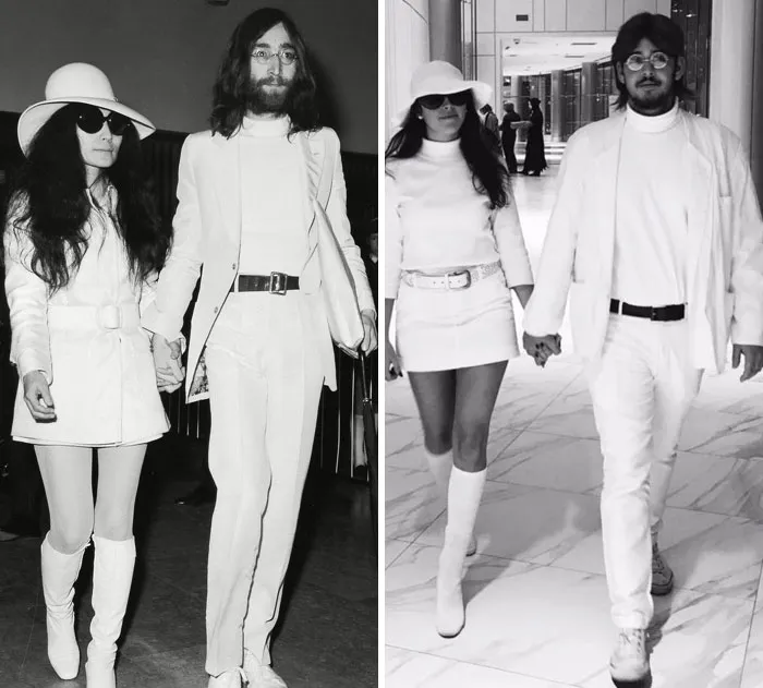 Couples showcasing matching Halloween costumes, dressed in all-white outfits, capturing a creative costume idea.