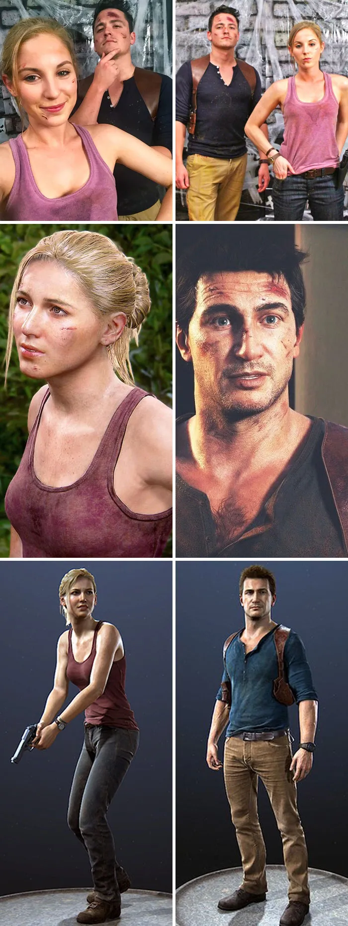 Grid of photos showing a man and woman in Uncharted outfits as creative couples Halloween costume ideas.