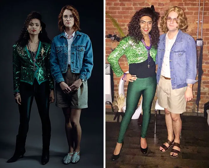 Side-by-side comparison of two people dressed up as San Junipero characters for creative couples Halloween costume ideas.