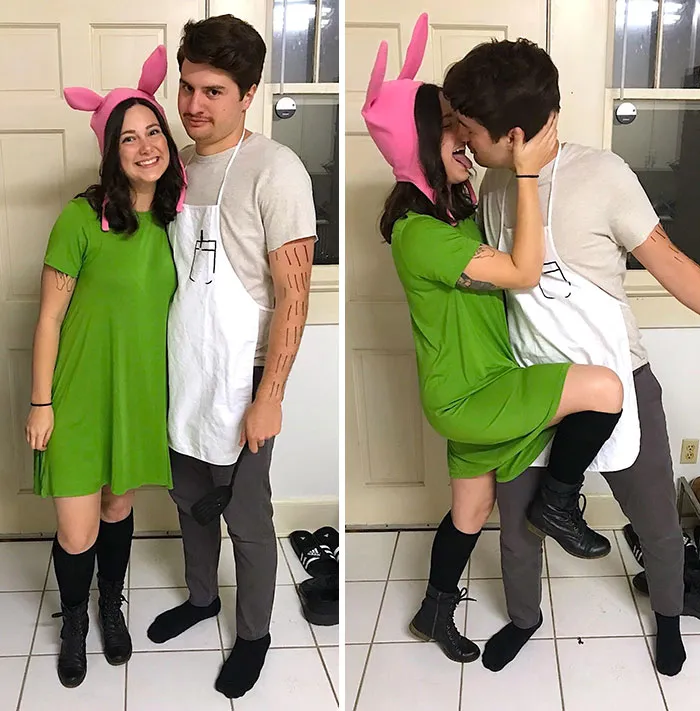 Side-by-side photos of a couple dressed as Louise and Bob Belcher, fun couples Halloween costume ideas.