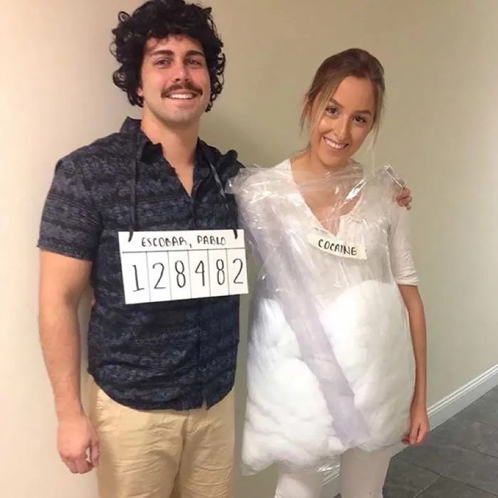 Funny couples halloween costume ideas featuring Pablo Escobar and a bag of cocaine