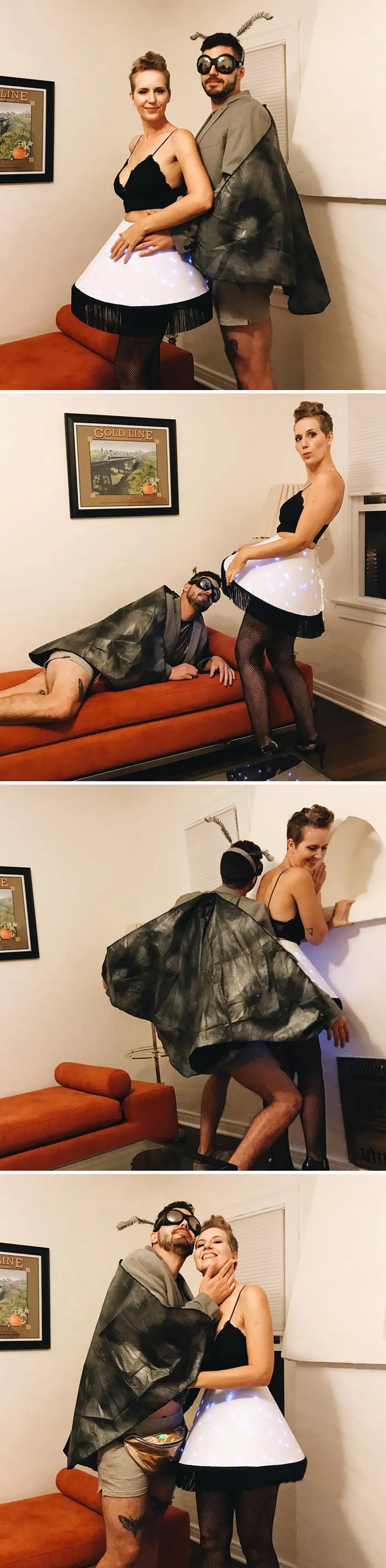 Couple in creative Halloween costumes, featuring a lampshade and moth theme, posing playfully indoors.