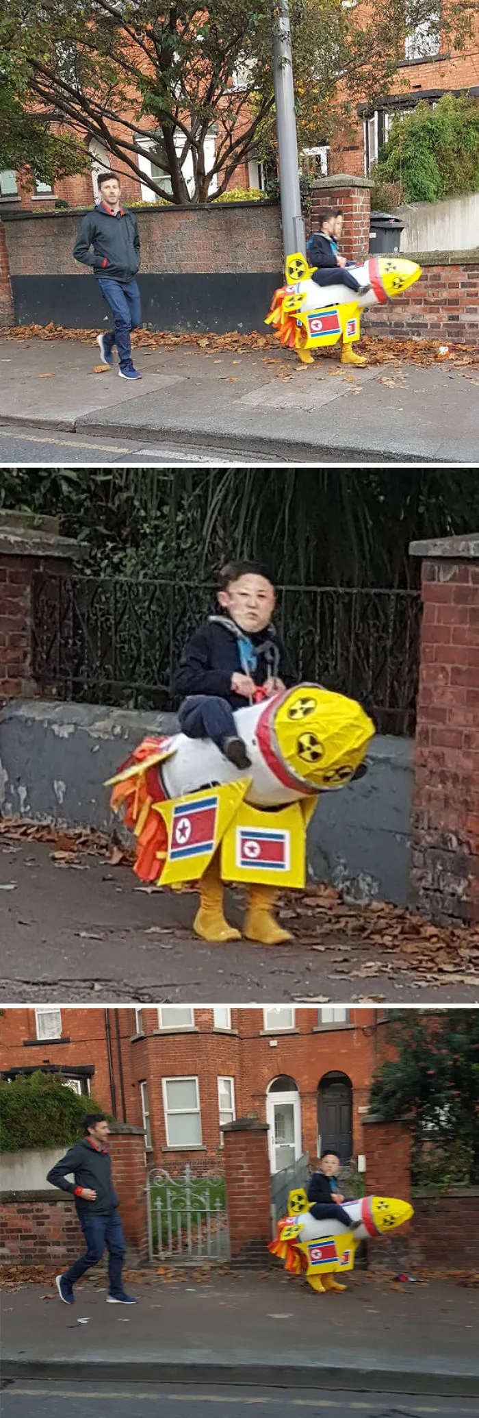 Boy in a creative missile rocket Halloween costume walking down the street