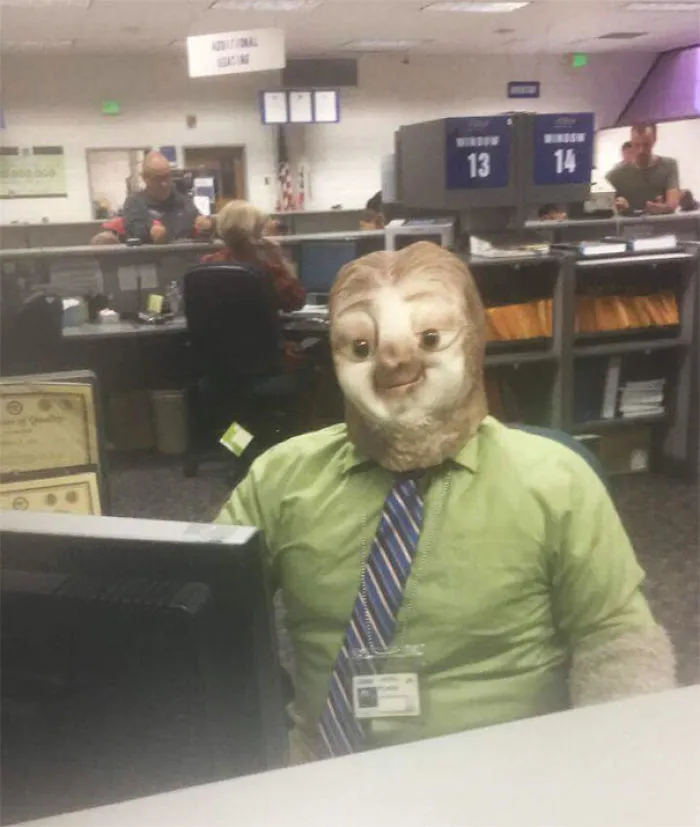 Person dressed as Flash the sloth from Zootopia at a desk, a creative Halloween costume idea.