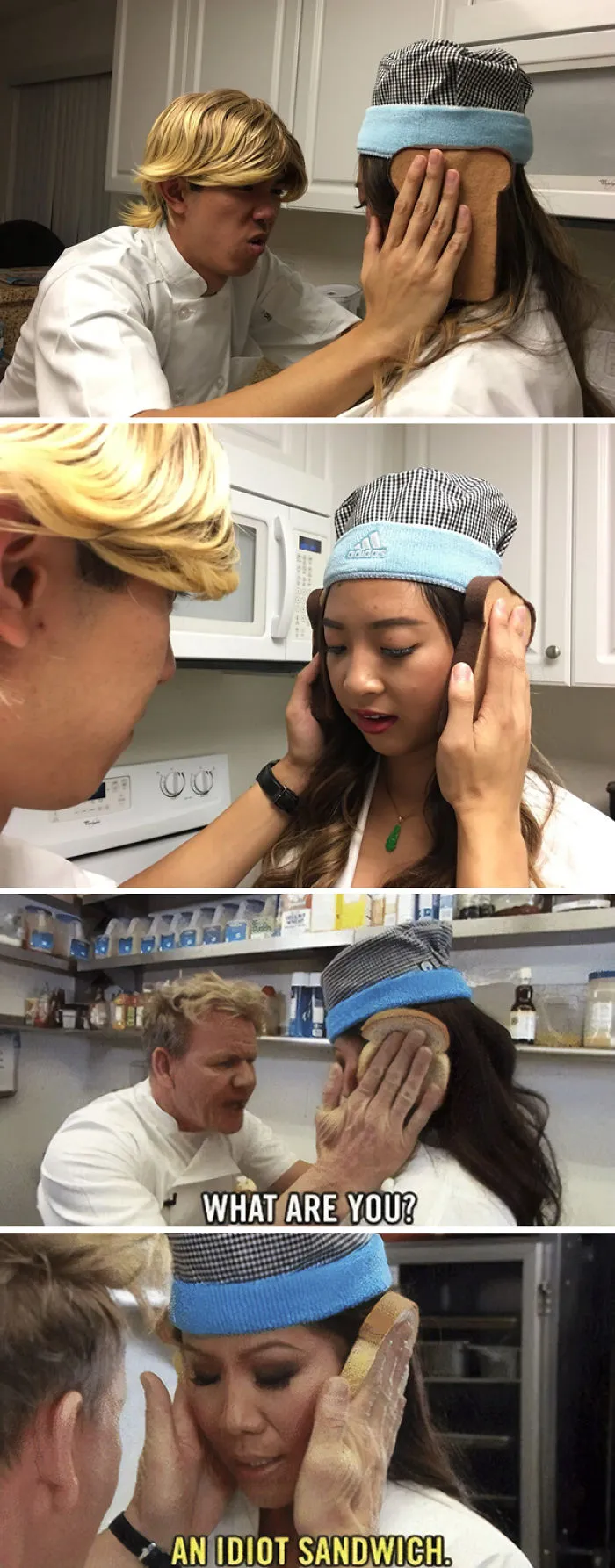 Couple dressed as chefs recreating the "idiot sandwich" meme, showcasing a creative Halloween costume idea.