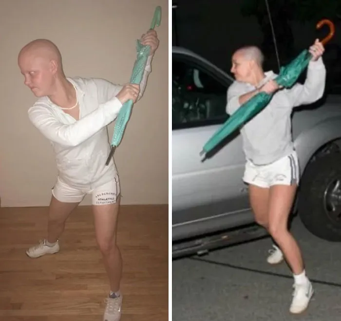 Woman recreating the iconic Britney Spears umbrella moment for a funny Halloween costume idea.