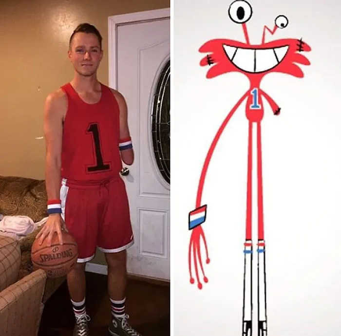 A man dressed up as Wilt from Foster's Home for Imaginary Friends showing funny Halloween costume ideas