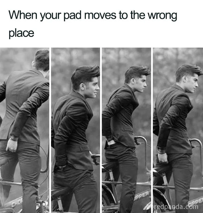"When she’s on her period" meme with a man adjusting his pants humorously.
