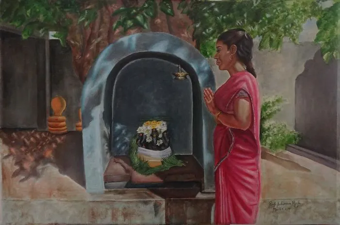 A Woman Praying To Pillaiyar, Oil Paintings For Sale