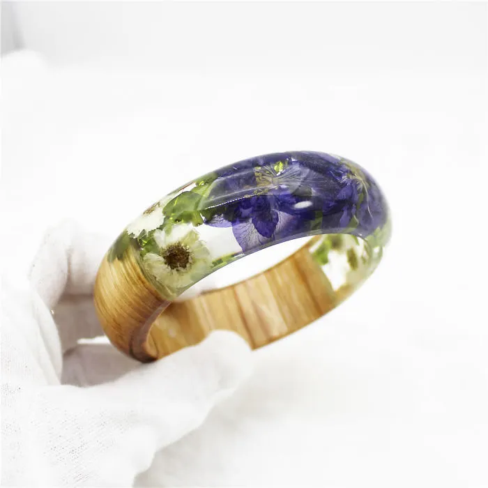 Wood Bracelet | Wood Bangle With Dried Flowers