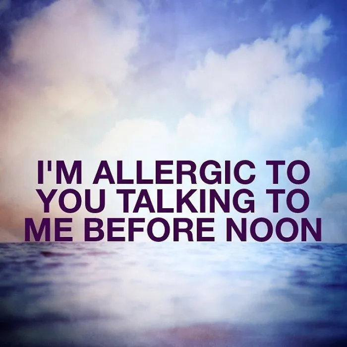 Pessimistic Instagram quote with text about being allergic to talking before noon over a cloudy sky background.