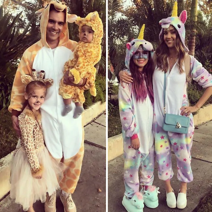 Jessica Alba y familia como jirafas y unicornios