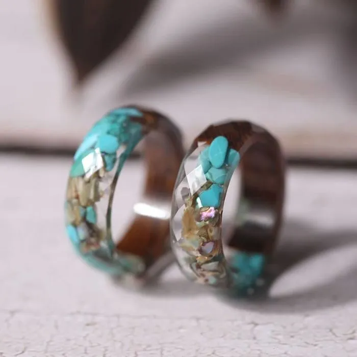 Geometric Wood Ring| Dried Flower & Golden Leaf Ring