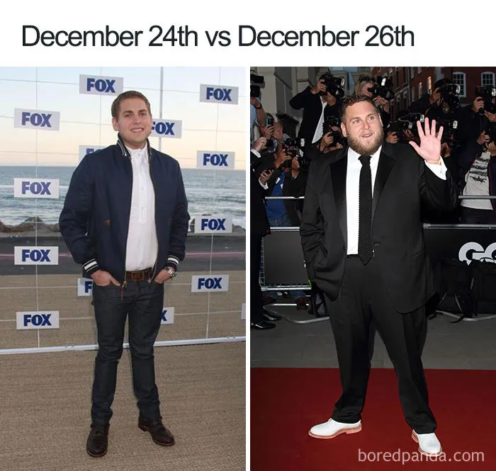 "Funny comparison of December 24th vs 26th with a man in casual vs formal attire, capturing Christmas meme humor."
