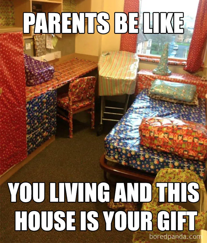 Room hilariously wrapped in Christmas paper as a joke gift from parents.