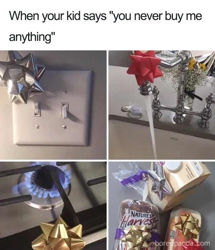 Funny Christmas meme showing gifts like faucet, bread, and switch with bows.