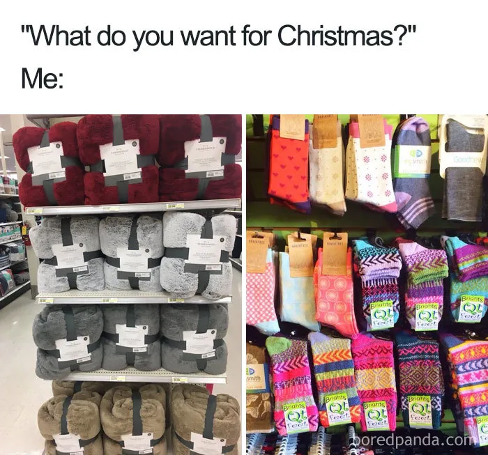 Christmas meme featuring shelves of cozy blankets and colorful socks as a holiday gift suggestion.