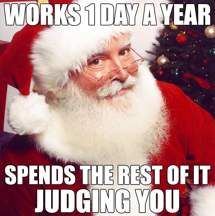 Santa Claus meme with text: "Works 1 day a year, spends the rest judging you." Hilarious Christmas meme joke.