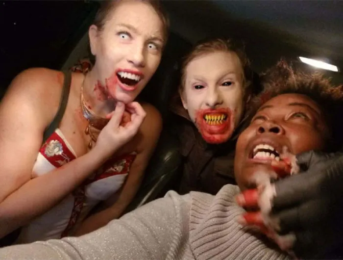 Our Halloween Uber Driver Asked Us To Pose For A Picture With Her That She Could Send To Scare Her Husband - Who Was Worried About Her Driving Out Late. Mission Accomplished