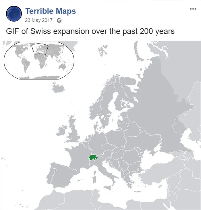 Mapa con la expansión de Suiza en los últimos 200 años