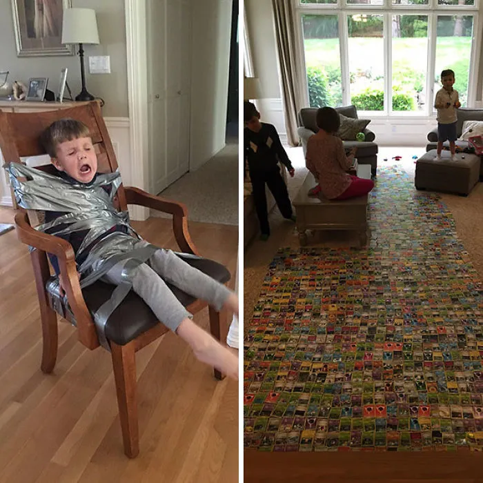 My Two Older Children Were Trying To Lay Out All Of Their Pokémon Cards, But The Youngest Kept Intervening, So They Duct Taped Him To A Chair