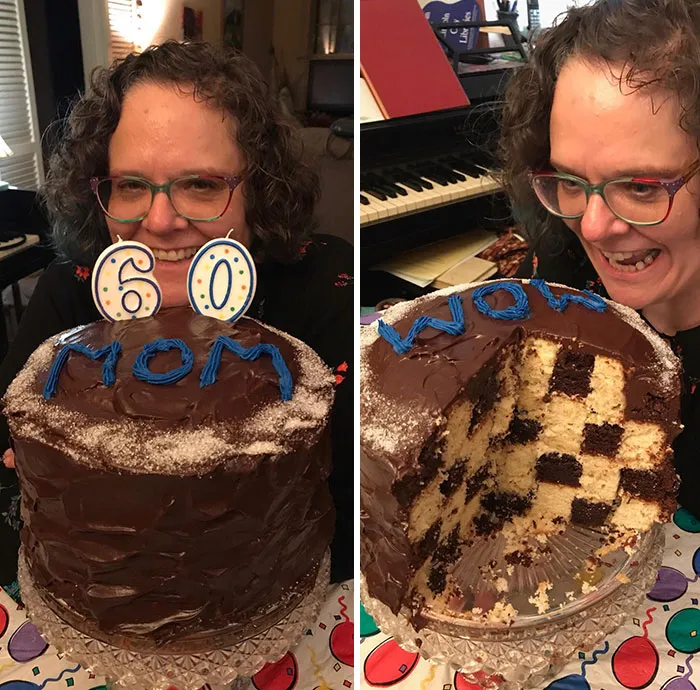 Mom posting next to her birthday cake 
