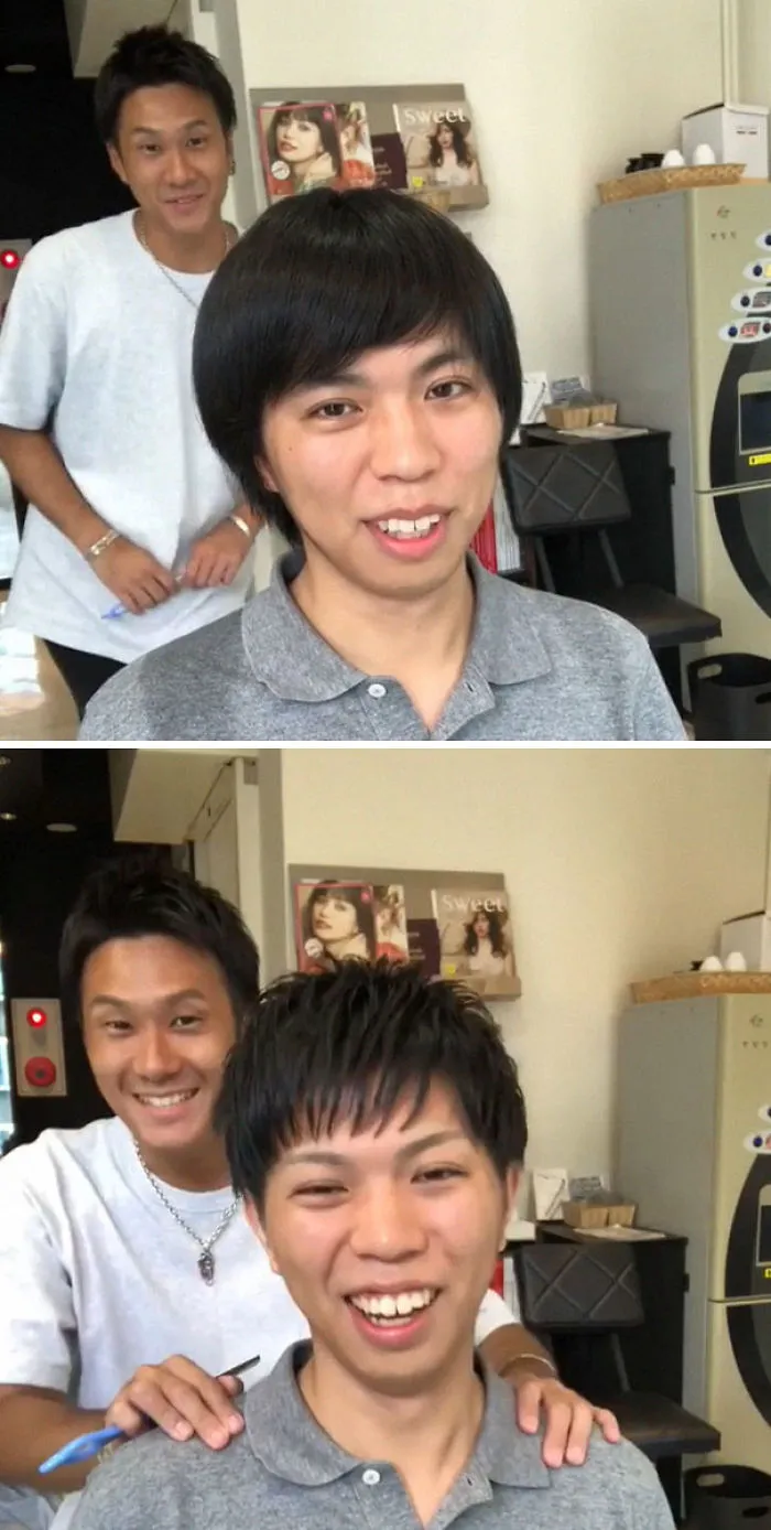 Before and after transformation by Japanese barber showcasing the impact of a good haircut.