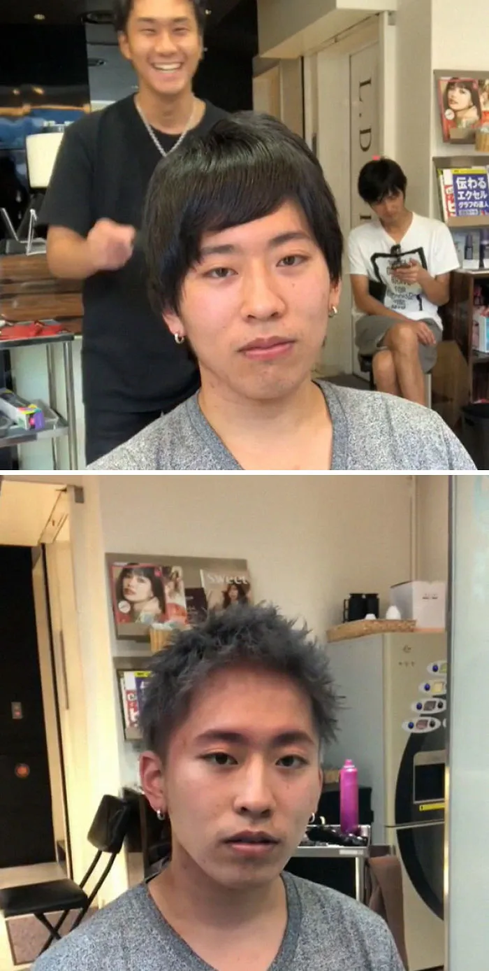 Japanese barber transformation: before and after haircut dramatically enhances style and confidence.