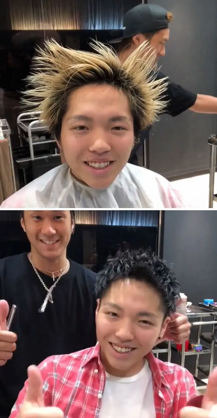 Japanese barber before and after haircut transformation, showcasing a dramatic style improvement.