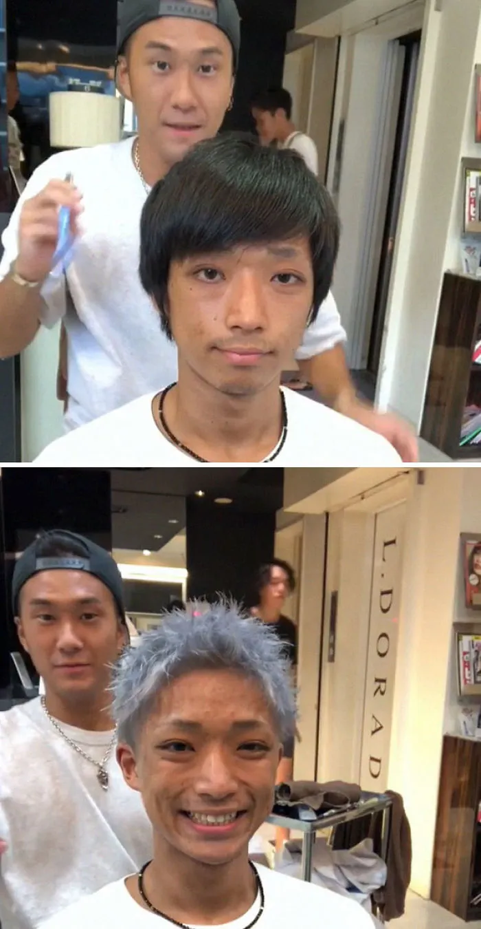 Before and after photos of a Japanese barber's transformative haircut on a smiling young man.
