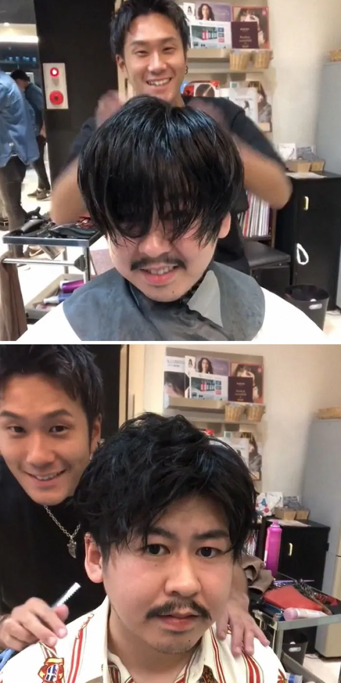 Japanese barber demonstrates a transformative haircut, showcasing the power of a good hairstyle change.