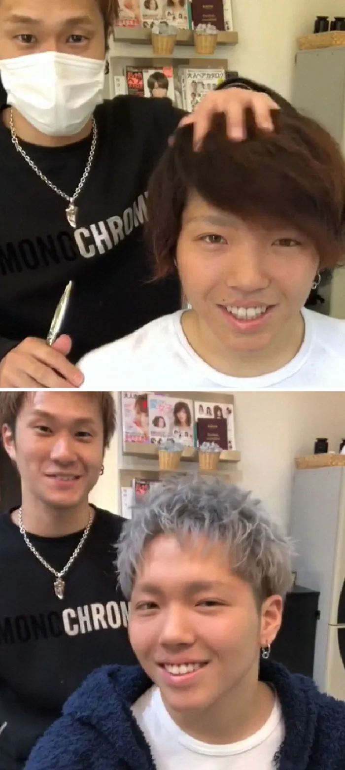 Before and after photos showing the dramatic impact of a Japanese barber's haircut transformation.