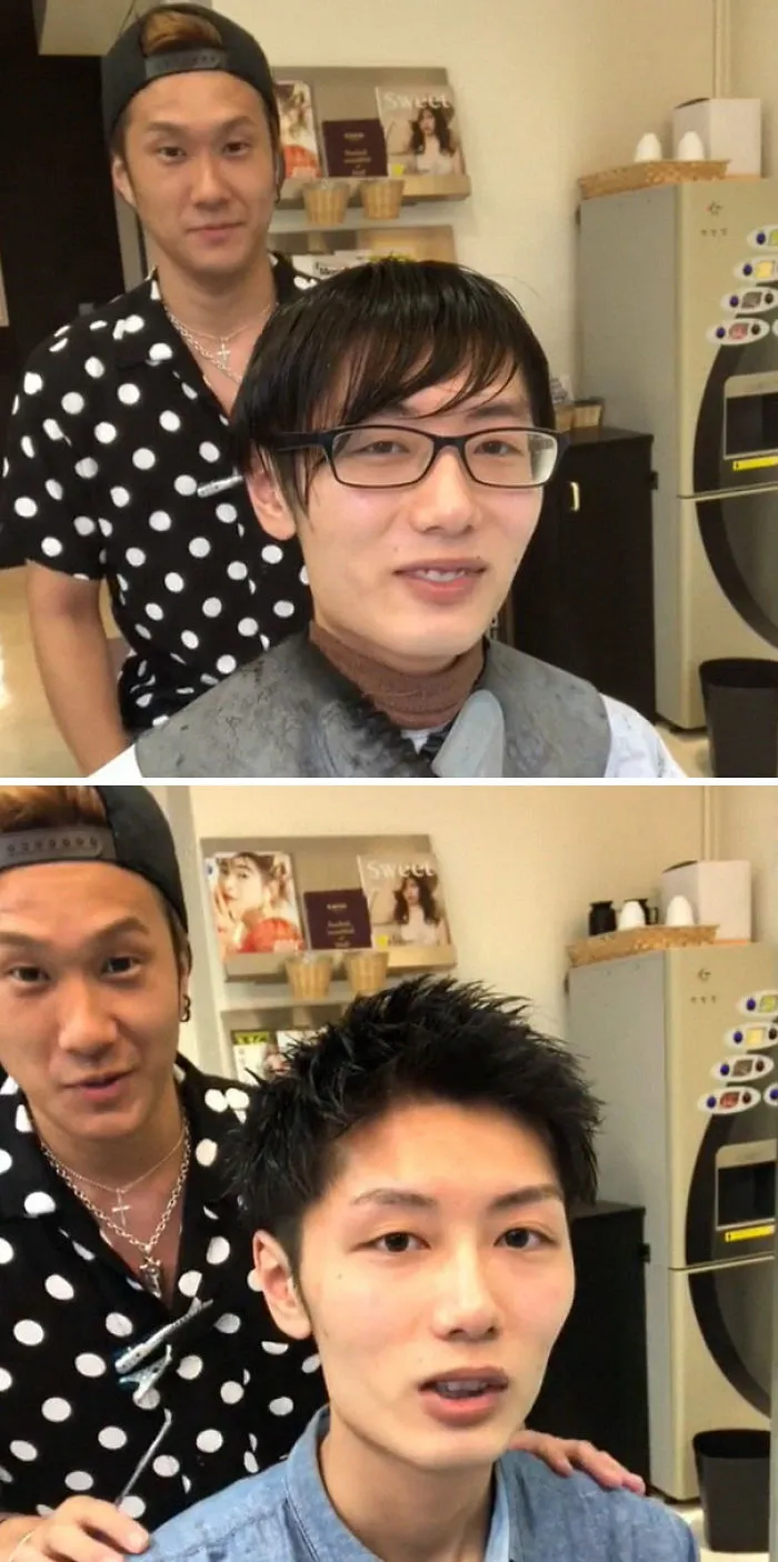 Japanese barber showcasing the transformation effects of a haircut with a before and after comparison.
