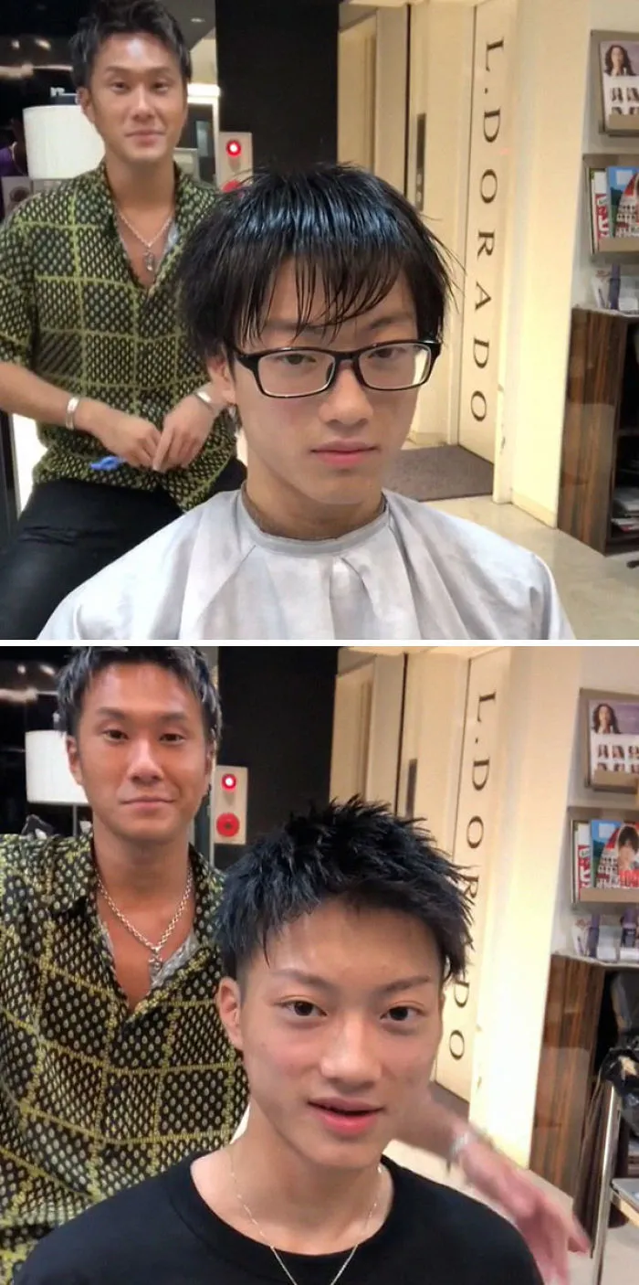 Japanese barber showcasing a transformative haircut on a young man, before and after images.