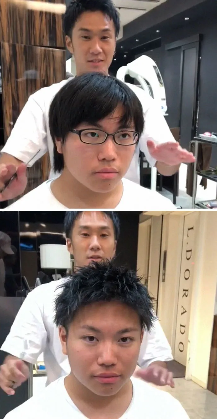 Before and after haircut by Japanese barber transforming appearance.