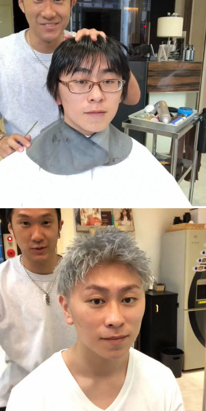 Before and after photos showing a Japanese barber's transformative haircut on a young man.