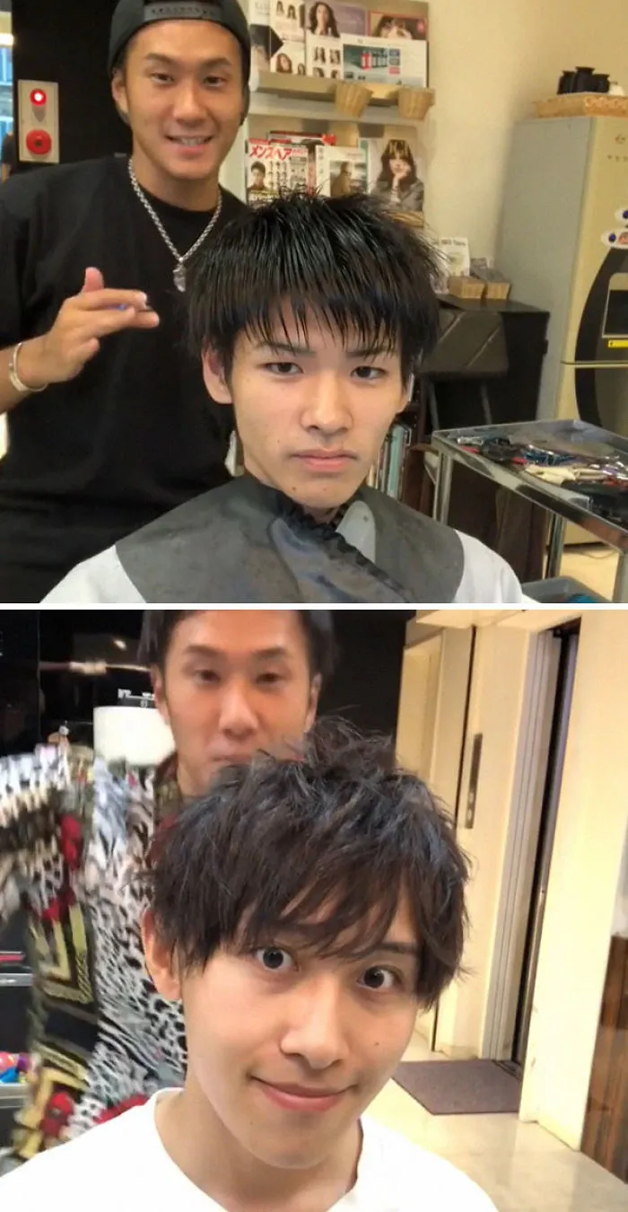 Japanese barber shows dramatic transformation with a stylish haircut before and after.