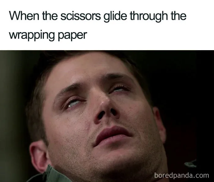 Man with humorous expression, captioned with a Christmas wrapping paper joke, illustrating a funny Christmas meme.