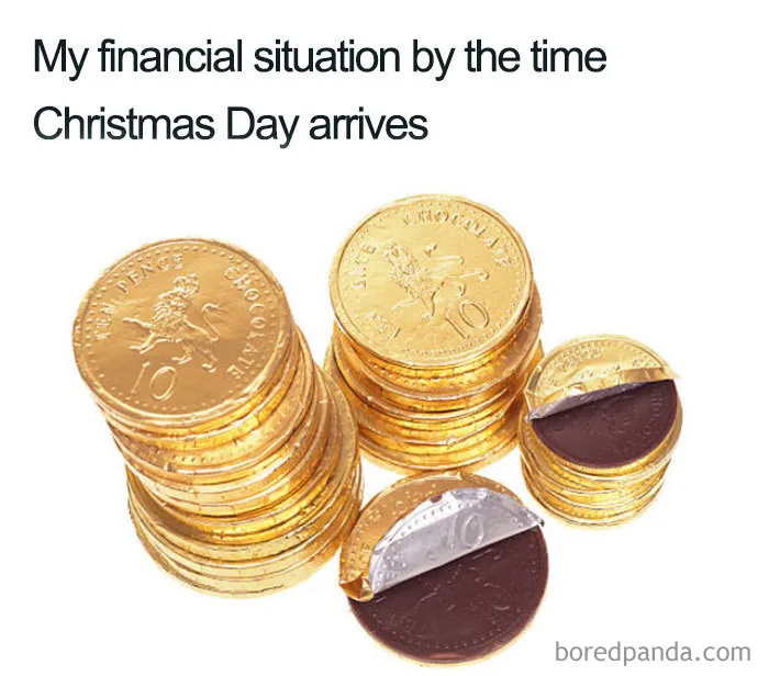 Stack of chocolate coins illustrating a funny Christmas meme about financial situations.
